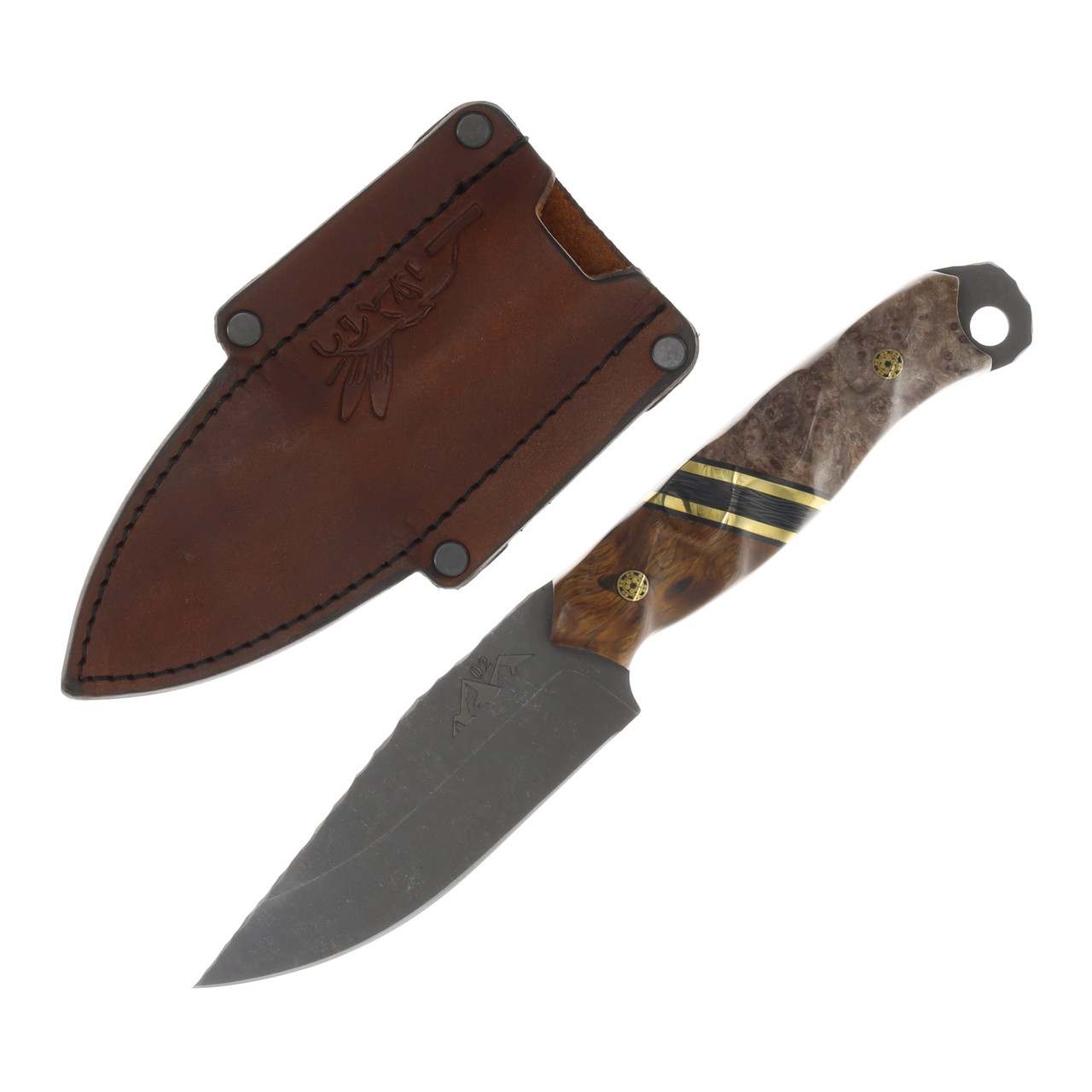 Half Face SMKW Exclusive Crow Jr Fixed Knife Ironwood Bolster Brass Carbon Fiber-Blk G10 Split Dyed Box Elder Bottom Brass Mosaic C02