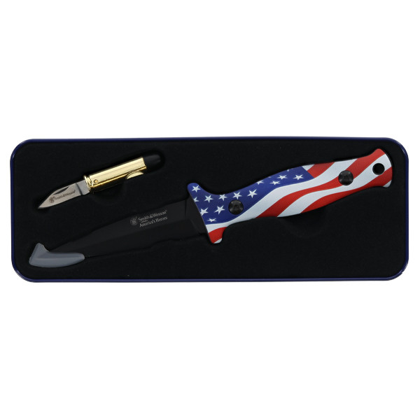 Smith & Wesson Americas Hero's Fixed Blade With Bullet Kinfe 3D Waving American Flag Printed Aluminum Handle 1259501