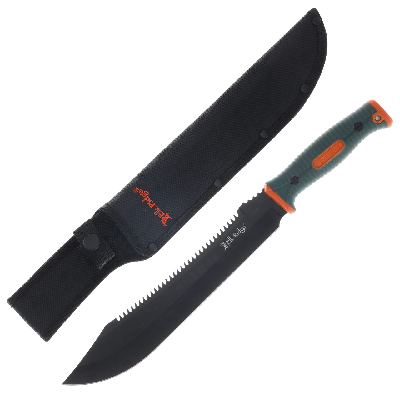 Elk Ridge Sawback Fixed Blade/Green & Orange Handle MCERFIX001OGN