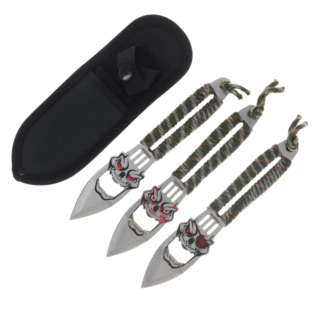 Perfect Point Throwing Knives Camo Cord 8in Satin Skull Throwers MCPP1353