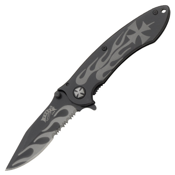 Frost Iron Cross Folding Knife Black SS Handle Black Part Serrated