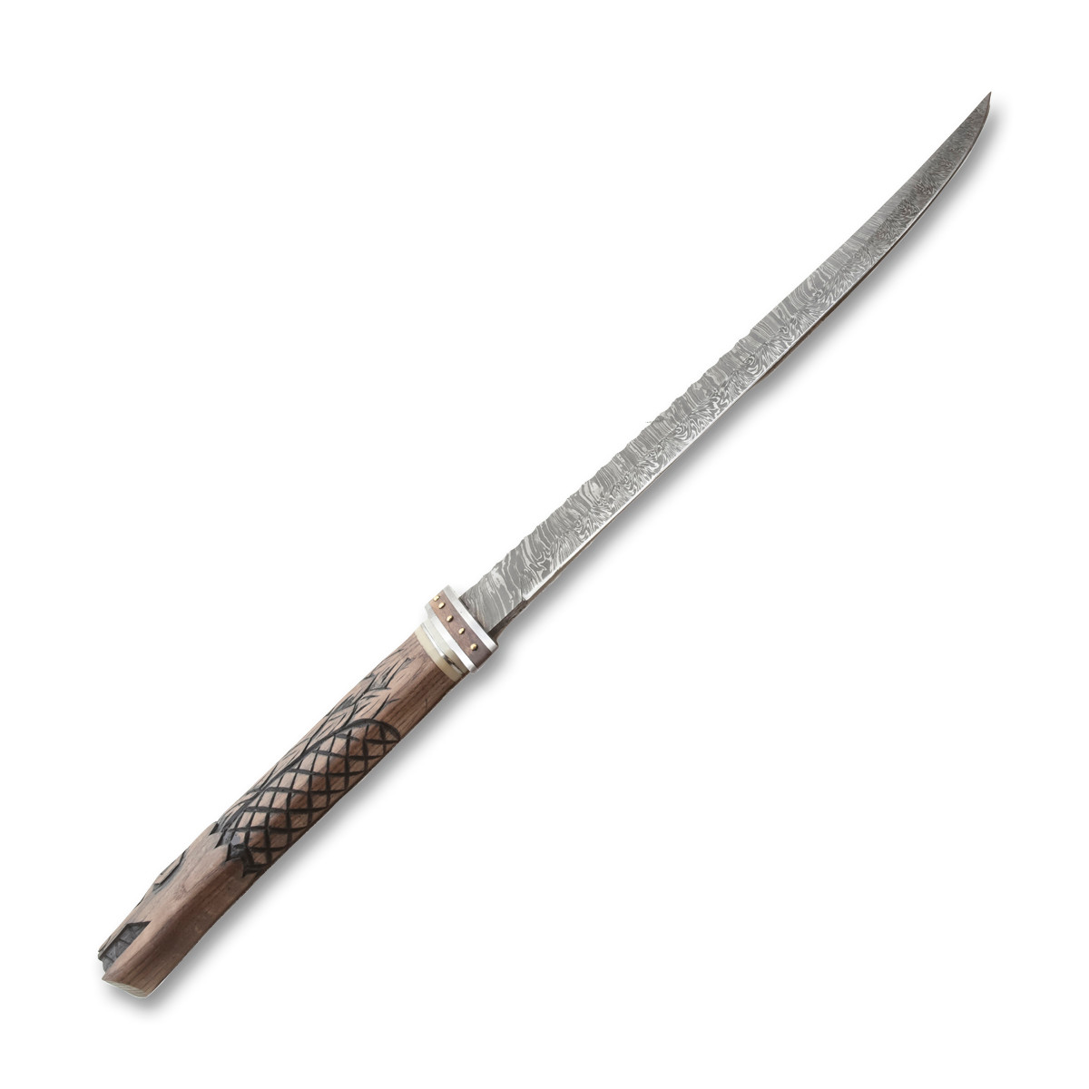 26in Fafnir Fixed Short Sword Ashwood Carved Handle Damascus Blade