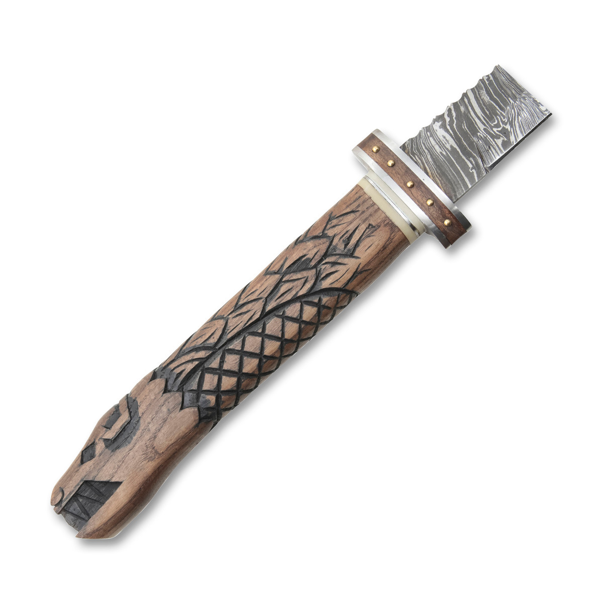 26in Fafnir Fixed Short Sword Ashwood Carved Handle Damascus Blade