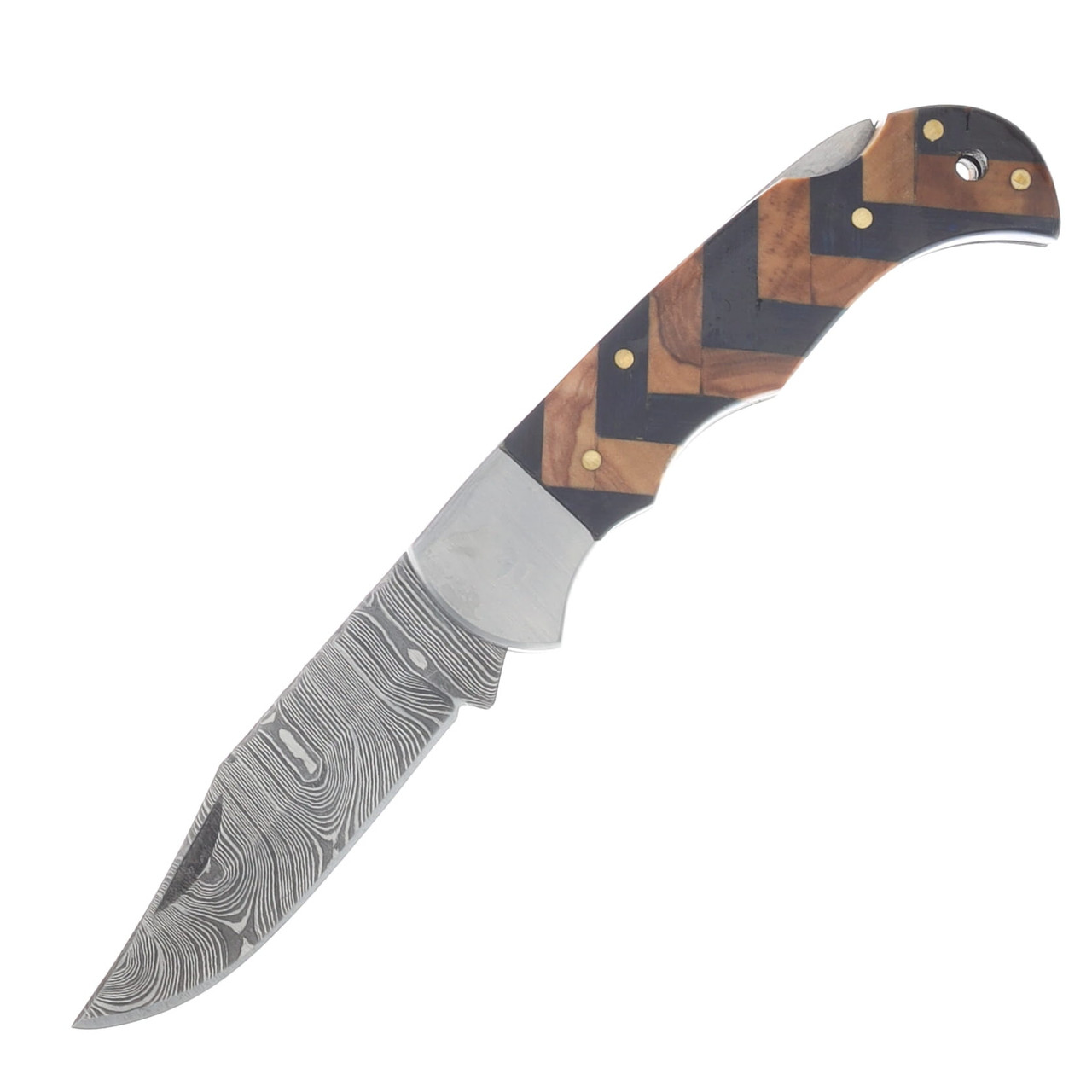 Forge & Iron Tide Folder Natural-Blue Wood Handle 2.75in Damascus Blade DM1416BL