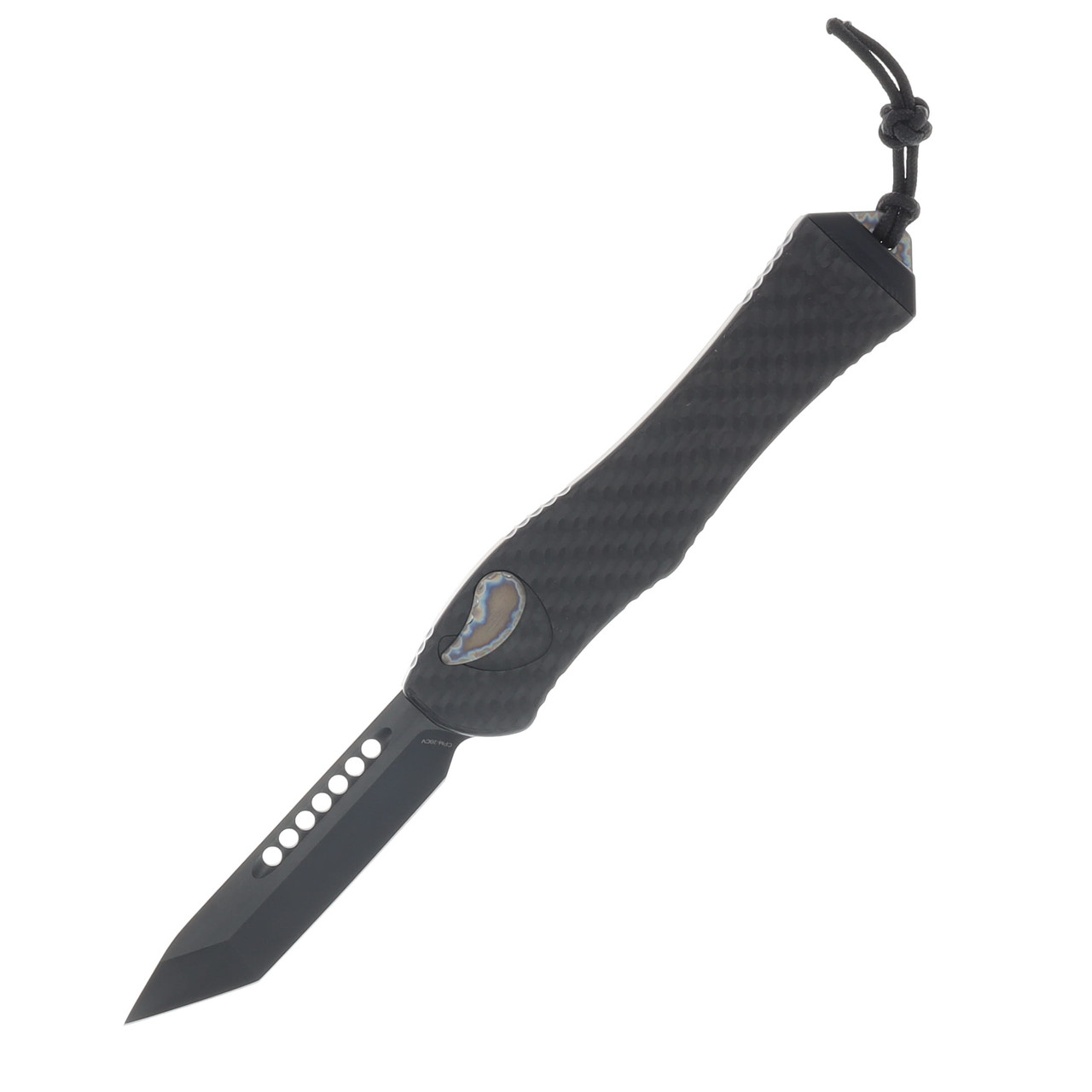 Heretic Hydra V4 Single Action OTF Automatic Knife DLC Tanto/Carbon Fiber and Titanium with Flamed Button and Clip H406-6A-CF/FTI