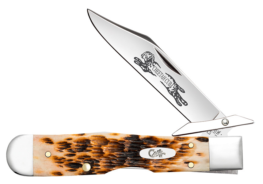 ADDICTIONs13ボディ ケーシーバイナル Case XX Amber Peach Seed Jigged Bone Cheetah Cub Lockback Folding