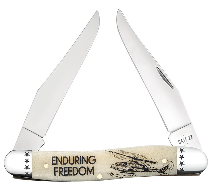 Case XX War Series Enduring Freedom Embellished Natural Bone Muskrat Folding Knife CA58495