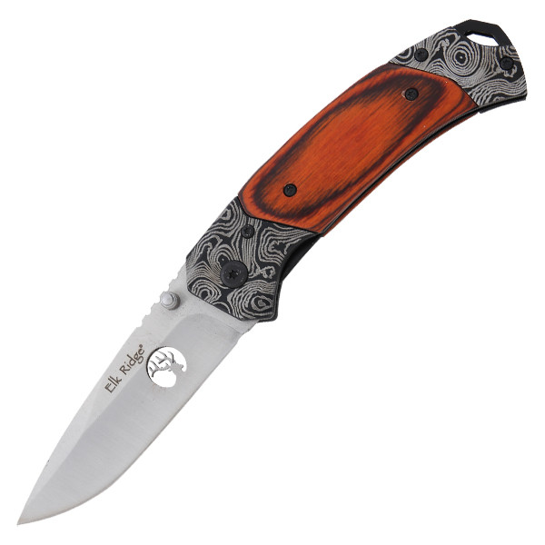 Elk Ridge Folding Knife Brown Pakkawood W/Etched Bolsters 3Cr13MoV SS Blade DBER940ST