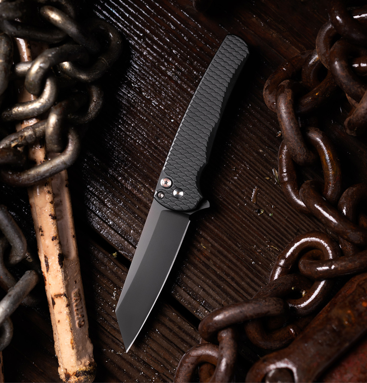 Pro Tech Malibu Flipper Folding Knife Black 7075 Dragon Scale Aluminum Handle DLC Black Magnacut Reverse Tanto Blade SHOT26.MALIBU.1