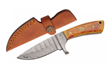 Burned Bone Mosaic Fixed Knife 3in Drop Point Damascus Blade W/Sheath