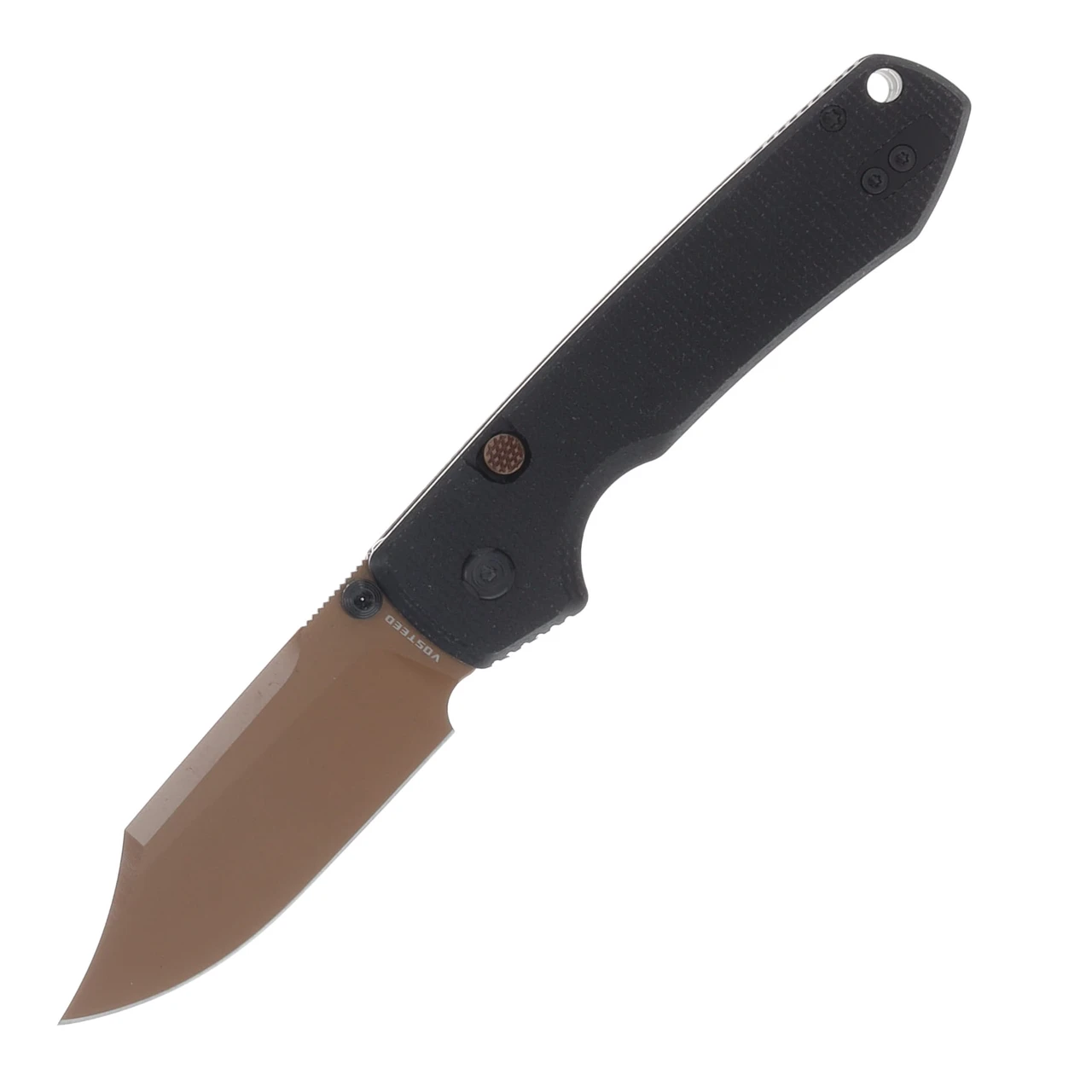 Vosteed Raccoon Folding Knife Top Linerlock Copper Dune 14C28N Bowie/Black G-10 A2926