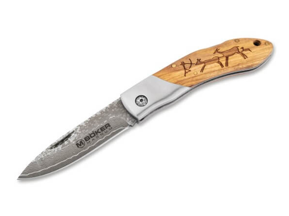 Boker Magnum Caveman Damascus Folding Knife Wood