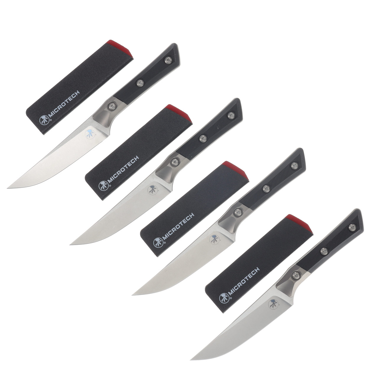 Microtech 4.5in Steak Knife 4 Pc Set Stonewash Standard Blades Black G-10 Handles MT3600B10SETBK