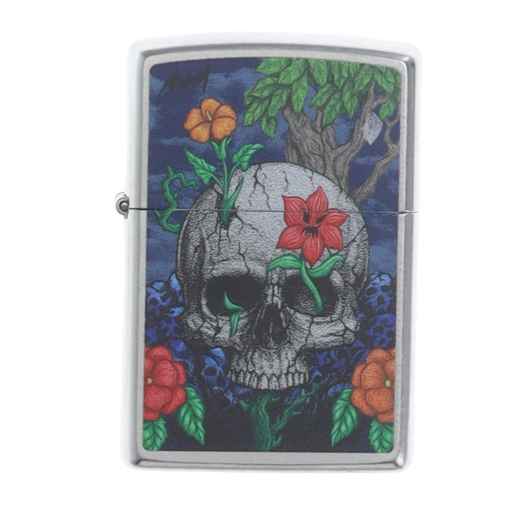 Zippo Skull Design w Flowers Street Chrome ZP46939