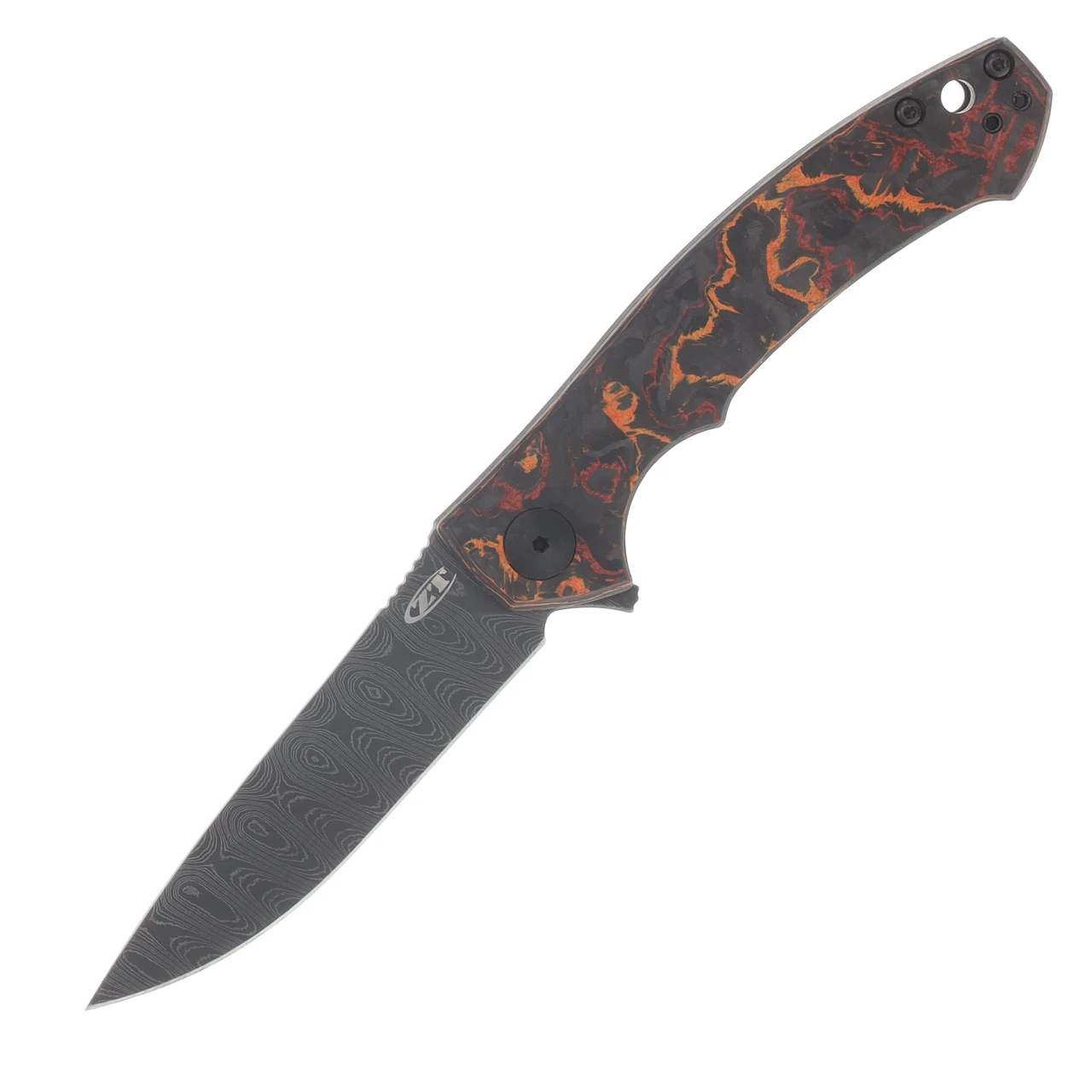 Zero Tolerance 0450 Black, Red & Orange Carbon Fiber Handle Damascus Blade ZT0450CFDAMS