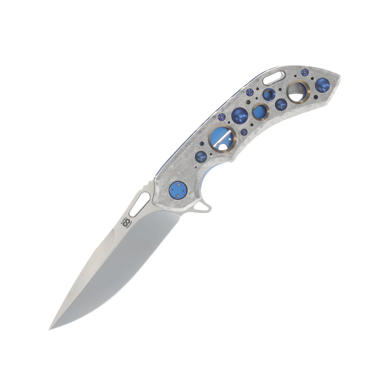 Olamic Wayfarer 253 Drop Point M390 Satin Finish Blade Frosty Titanium Handle with Blue/Gold Ano Acid Rain Option with Ti Frosty & Blue Ano Pocket Clip 1823
