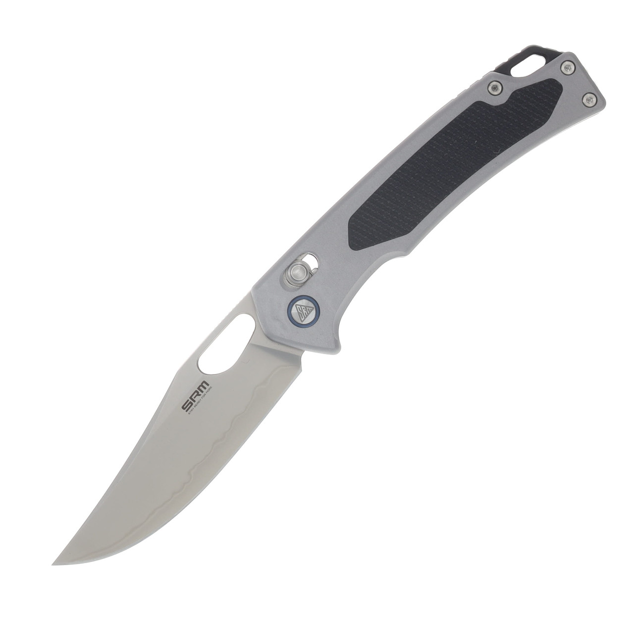 SRM Retriever Crossbar Lock Folding Knife Bead Blast and Laminate 140Cr/Gray Aluminum with Black G-10 Inlay SRM-9203-AK
