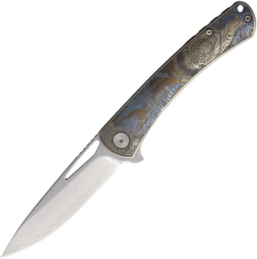 CH Knife Vexor Framelock Folder Detailed Titanium Handle Satin Damascus Blade CHVEXOR