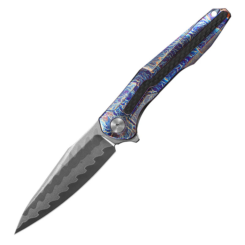 CH Knife Wartex Folder Flaming TI Carbon Fiber Handle Damascus W/Elmax Core Blade CHWARTEXBL