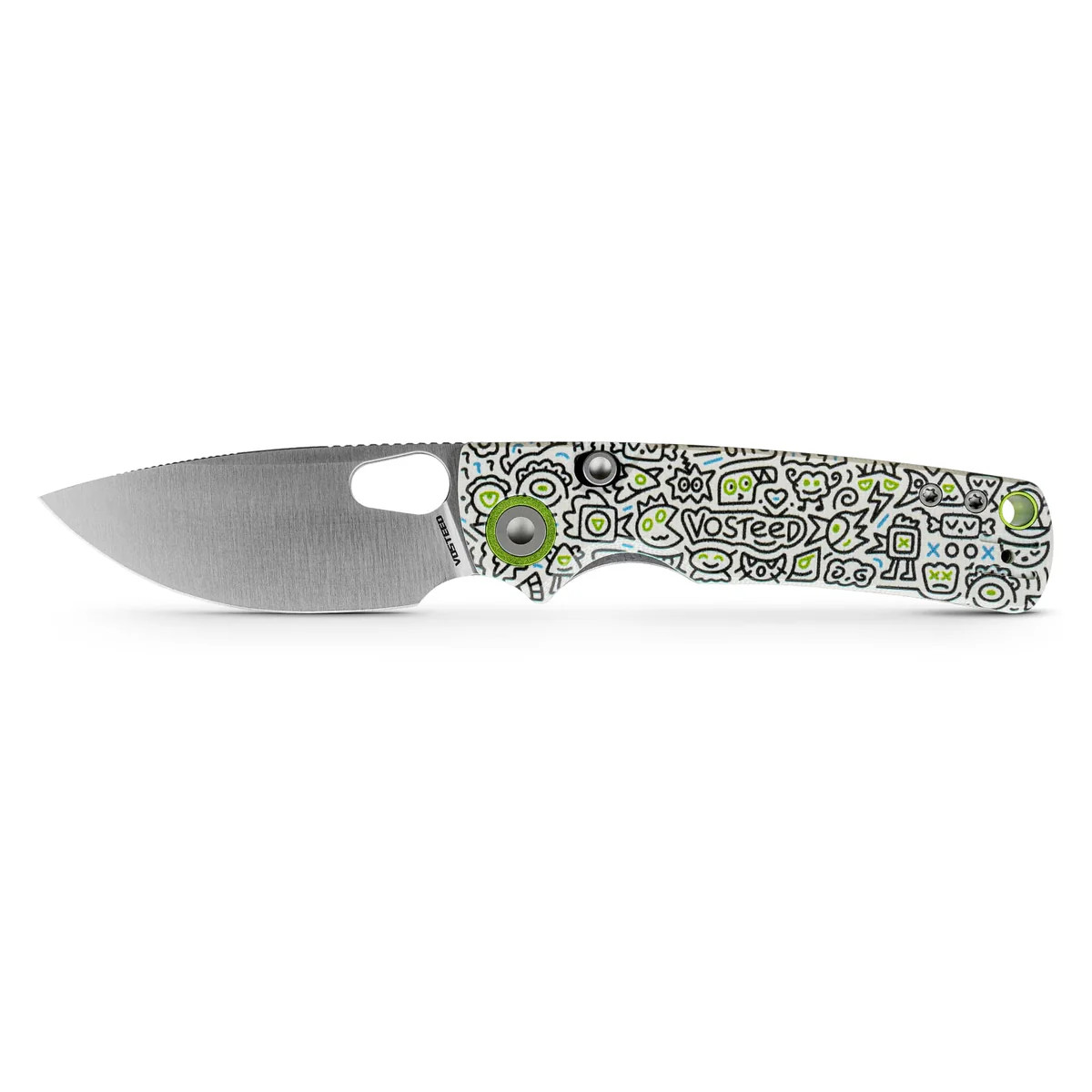 Vosteed Porcupine Thumb Hole Folder 14C28N Satin Blade White Doodle G10 Handle A2620