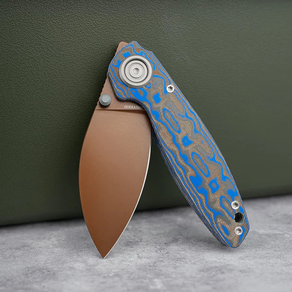 Vosteed Shilin Cutter® Folding Knife 154CM Copper Dune Blade Blue Ocean Micarta Handle A2811