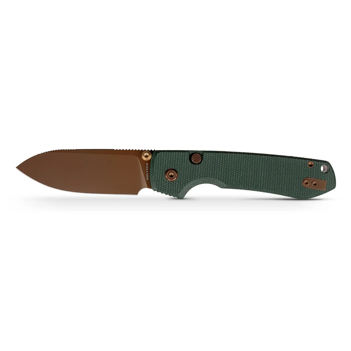 Vosteed Raccoon Top Liner Lock Folder 14C28N Copper Dune Blade Green Micarta Handle A2907