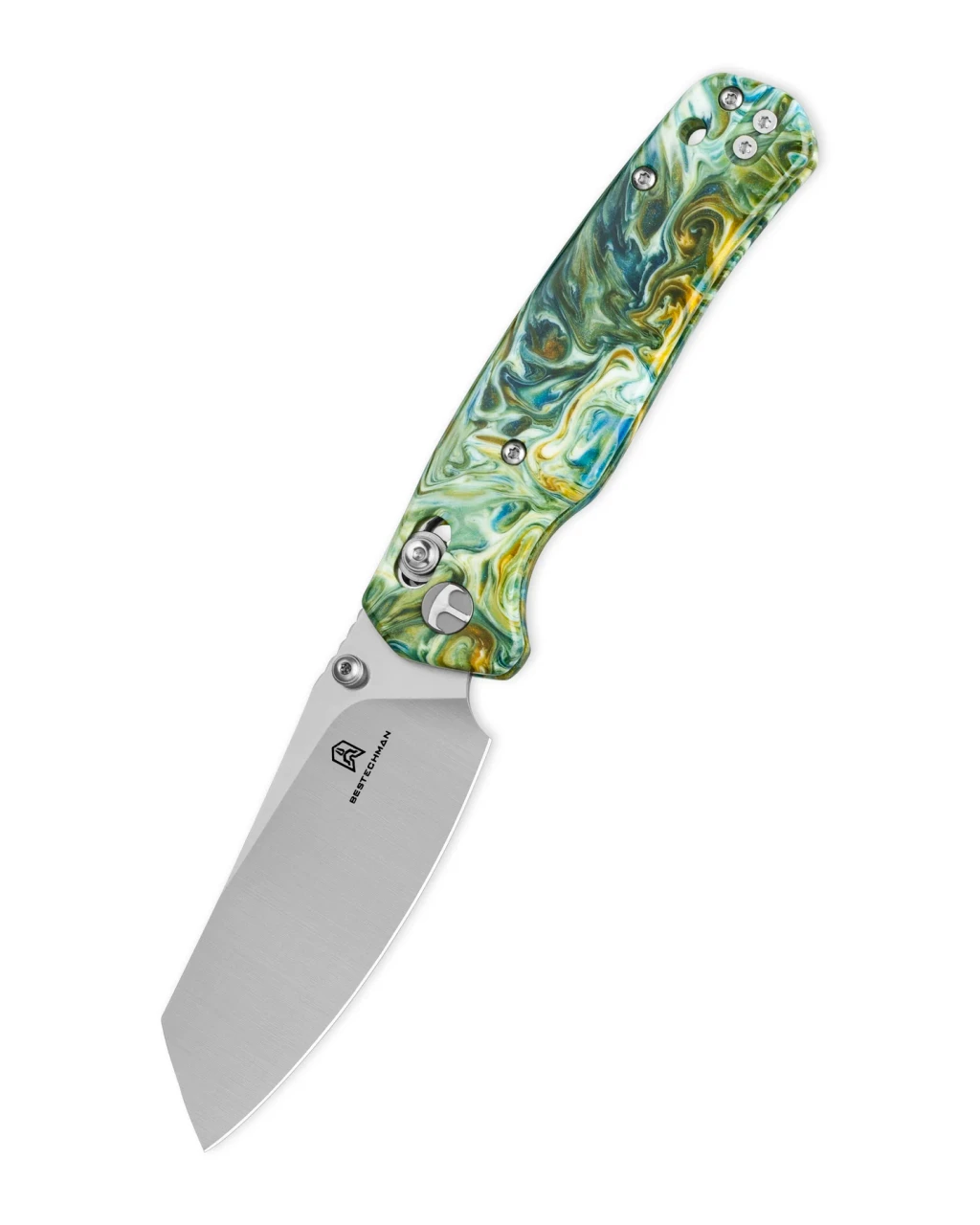Bestechman Cicada's Wing Crossbar Lock Folding Knife Satin Reverse Tanto/Green Marbled Resin BMK06P