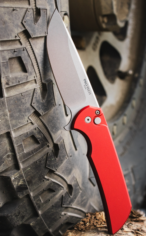 Pro Tech Mordax Folding Knife Red Handle Stonewash 20CV Drop Point Blade MX101-RED 20CV