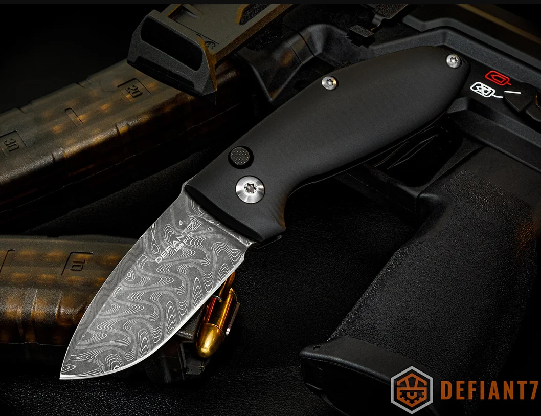 Defiant 7 Alpha Automatic Knife Damascus/Black Aluminum D7ALPHADM