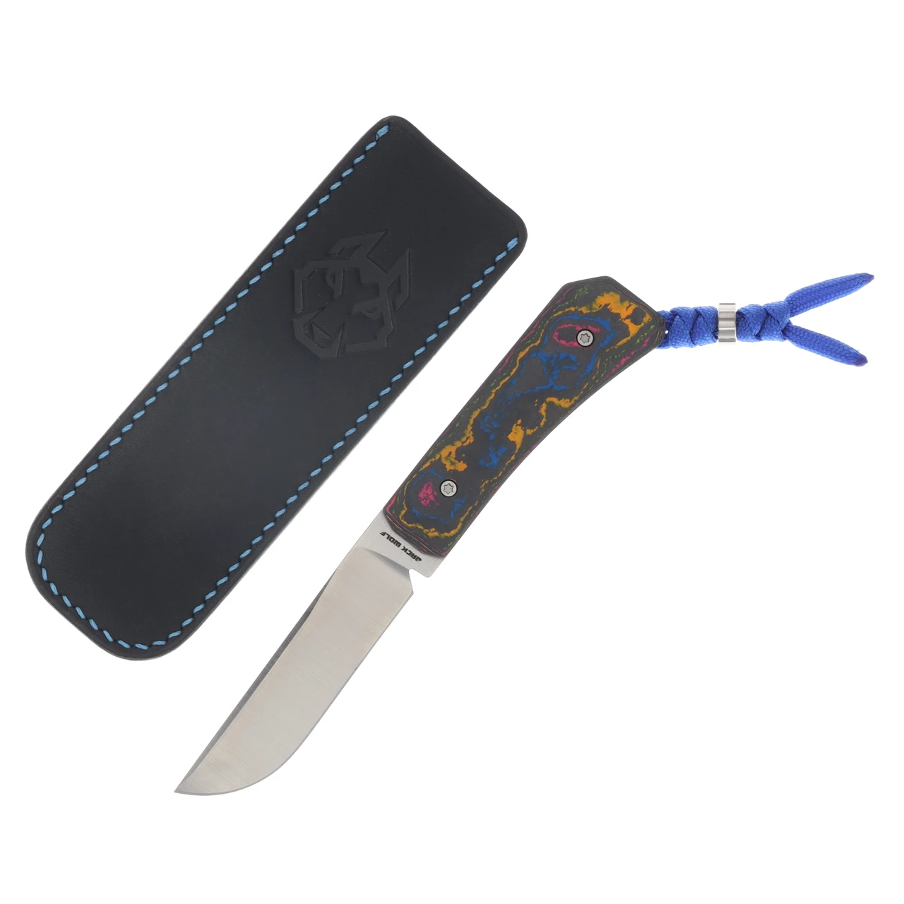 Jack Wolf Pioneer FixEDC CamoCarbon 80's Belt Satin S90V W/Blue Paracord and Sheath PIONE-FX-01-CC-80S