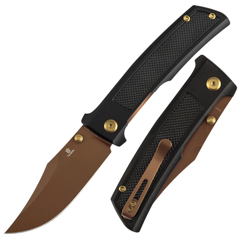 Tenable Bison Linerlock Folding Knife Rose Gold Nitro-V/Frag Patterned Black Aluminum B2108A3
