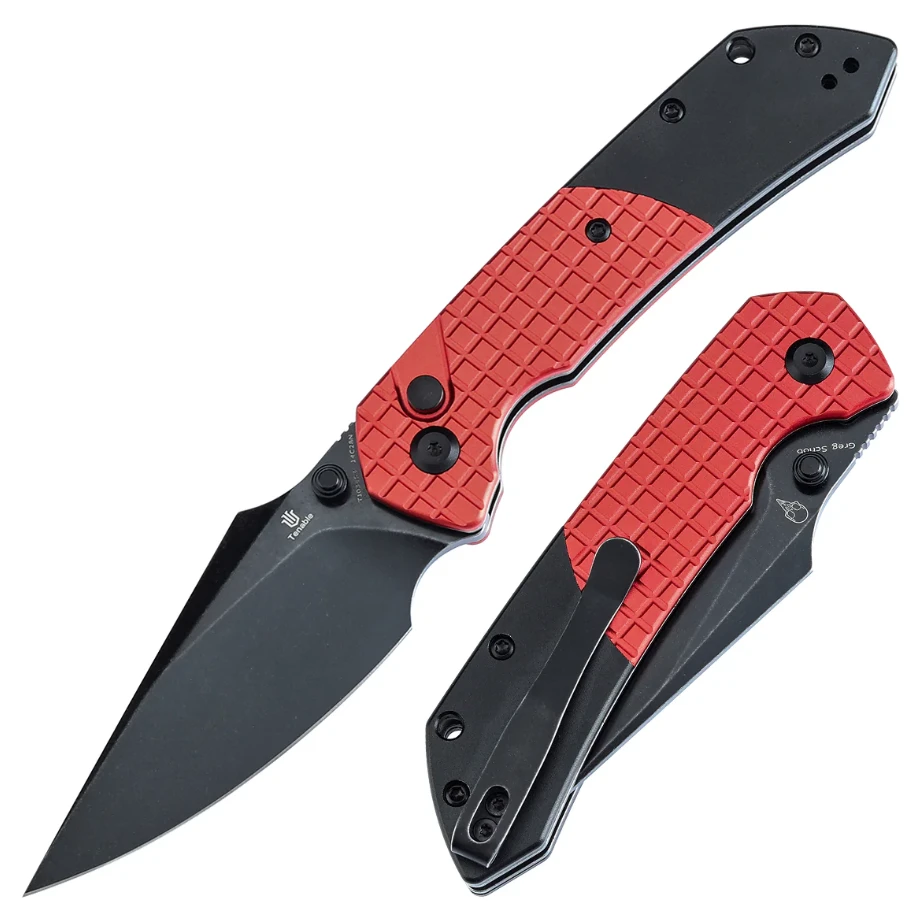 Tenable Fenrir Button Lock Folding Knife Blackwash 14C28N/Black & Frag-Patterned Red Aluminum T1034S3