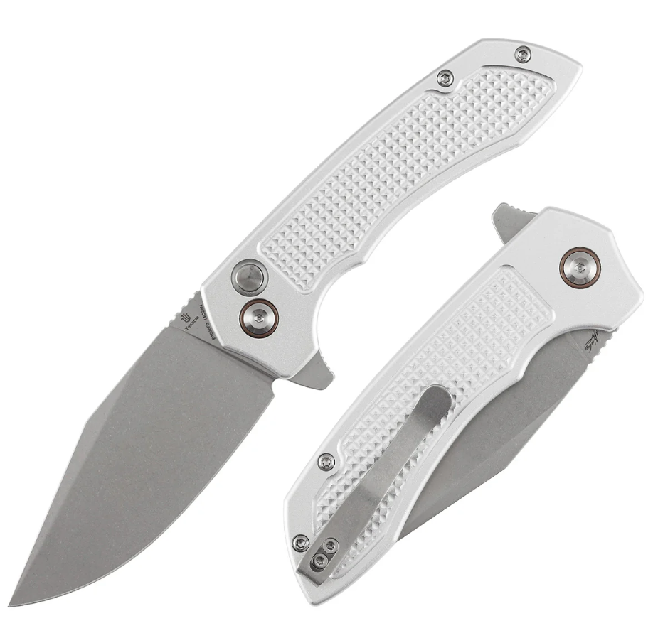 Tenable Entity Button Lock Folding Knife Stonewash 14C28N/Silver Aluminum B1036F3