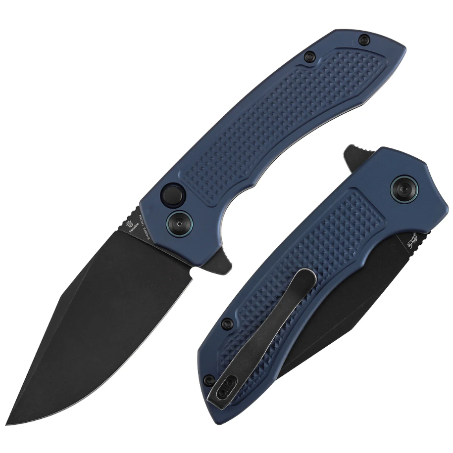 Tenable Entity Button Lock Folding Knife Blackwash 14C28N/Blue Aluminum B1036F5