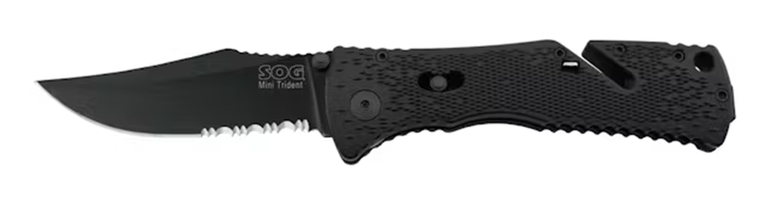 SOG Trident Mini AO Folder Black GRN W/Groove Handle Black TiNi PS Clip Point Blade SOG-TF-21