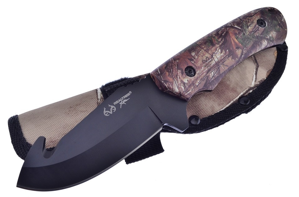 Frost Real Tree Camo Guthook Hunter Fixed Blade ABS Rubber Handle Black 420 RT01GHXTCP