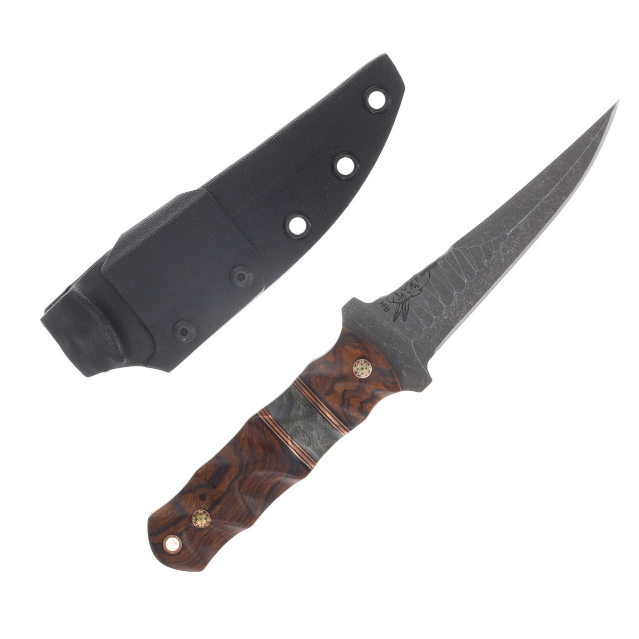 Half Face Blades Combat Filet Fixed Blade Desert Ironwood, Black G10 and Copper Pin Striping, Buckeye Burl Split, Mosaic Pins, Copper Lanyard Pin, Textured Grip Acid Etch Blade HFCFDICPPS