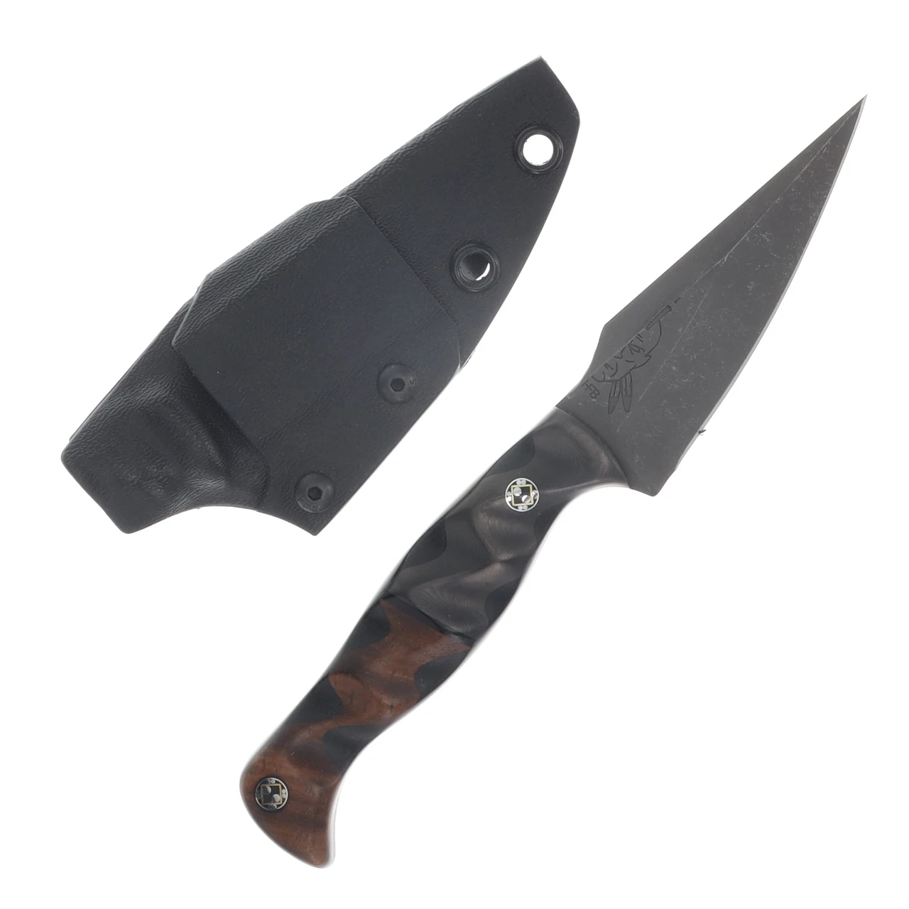 Half Face Blades Gulo Gulo Fixed Blade Black Dunes Carbon Over Black Burlap Micarta Black G10 Split Hawaiian Curly Koa Over Black Burlap Micarta HFGULOBKDUNECO