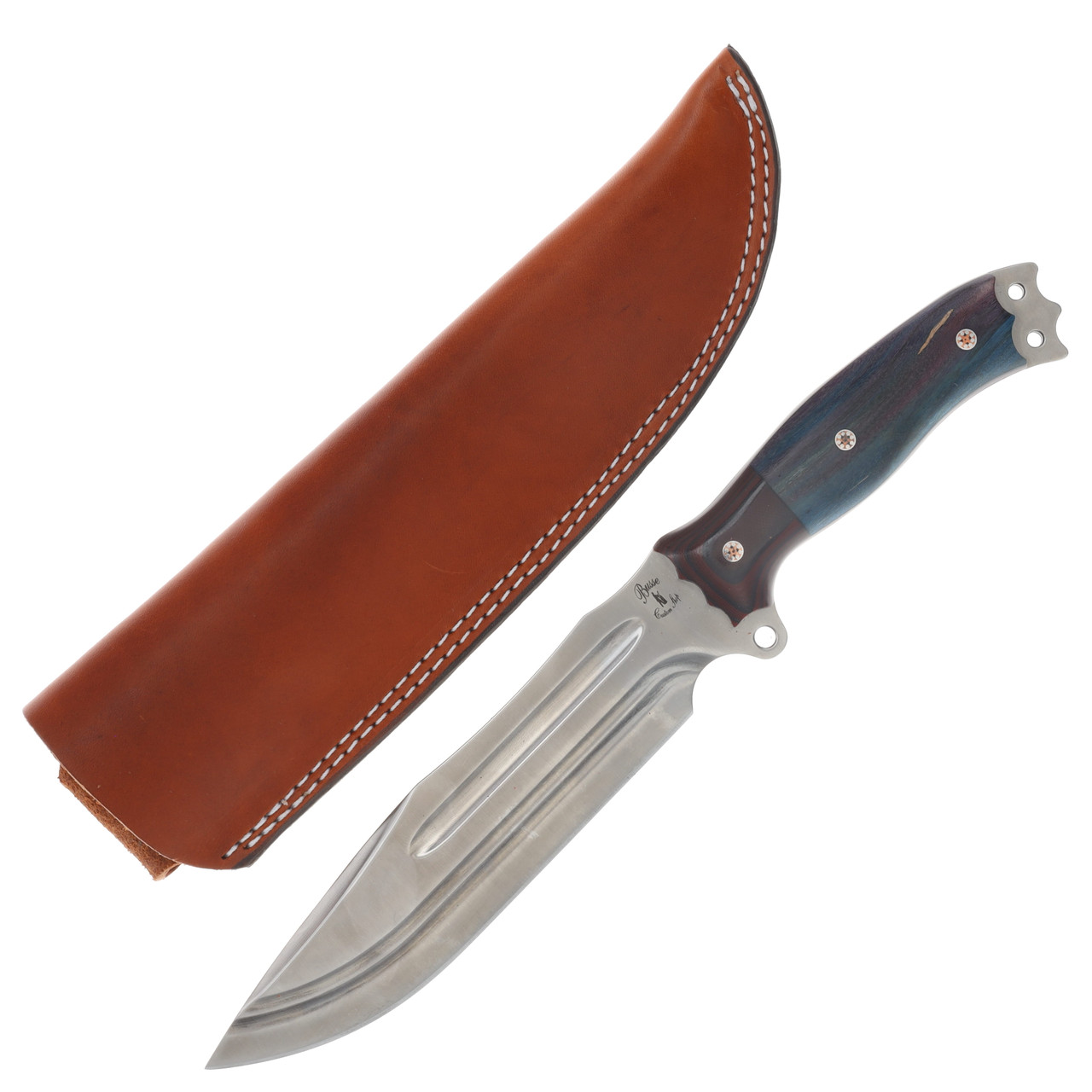  Busse Custom Shop Hell Razor 2 Fixed Blade Red Canvas Micarta/Blue Wood Handle Mosaic Pins 43026C