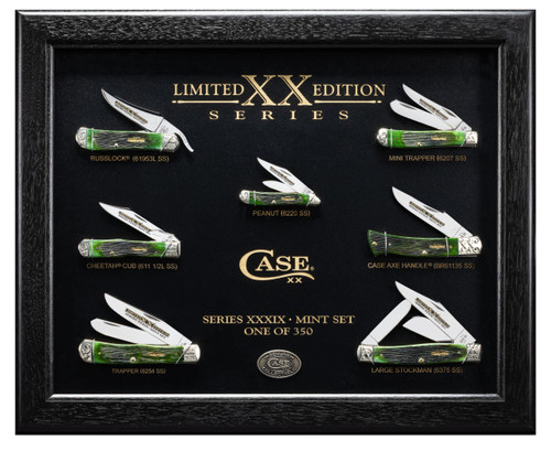 Case XX Limited Edition Barnboard Jigged Bermuda Green Bone Folding Knife Set with Shadow Box CA61877