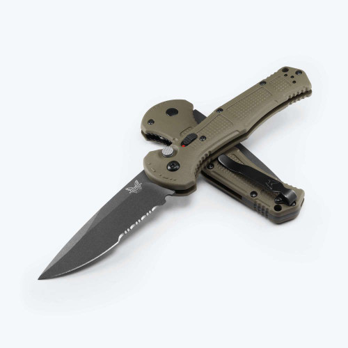 Benchmade Claymore Automatic Knife Serrated Black Cerakote Drop Point/Green Grivory AUBM9070SBK-03