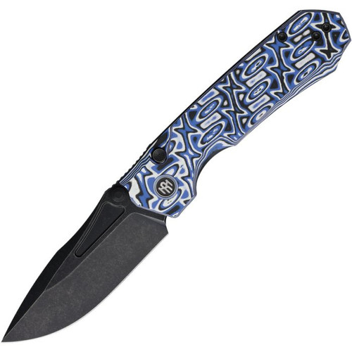 Remette Knives RT-Rhino Folding Knife Black Stonewash D2 Drop Point/Blue and White G-10 RNGD262