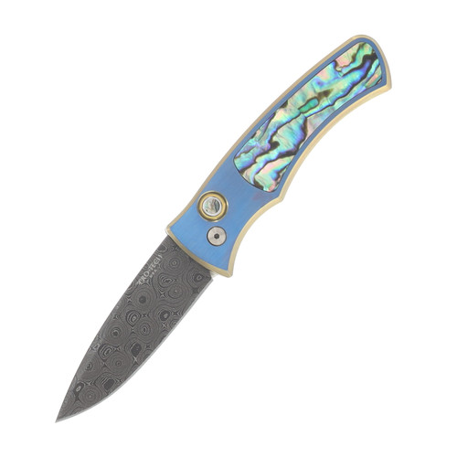 Pro Tech Auto Duke Custom 004 6A14V Titanium Handle With 2 Tone Blue/Gold Anodize Chad Nichols Raindrop Damascus Blade  2026DUKECUST4
