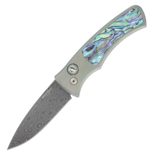 Pro Tech Auto Duke Custom 005 6A14V Titanium Handle With Seafoam Green Anodize Chad Nichols Raindrop Damascus Blade 2026DUKECUST5