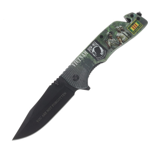 VIETNAM POW*MIA EMBOSSED LINERLOCK/GREEN/SEATBELT CUTTER/GLASS BREAKER SX1941