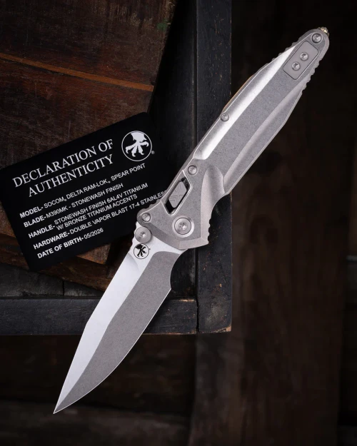Microtech Socom Delta RAM-LOK Spear Point MS Folder STNWSH-STNWSH TI W/ Bronze AUMT159RL10SMS2