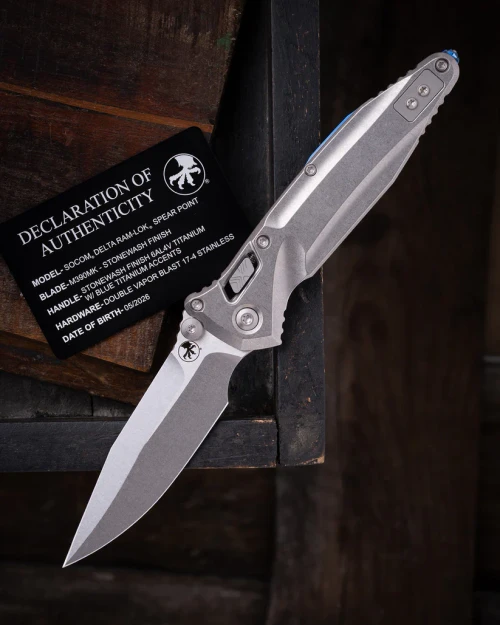 Microtech Socom Delta RAM-LOK Spear Point MS Folder STNWSH-STNWSH TI W/ Blue AUMT159RL10SMS3