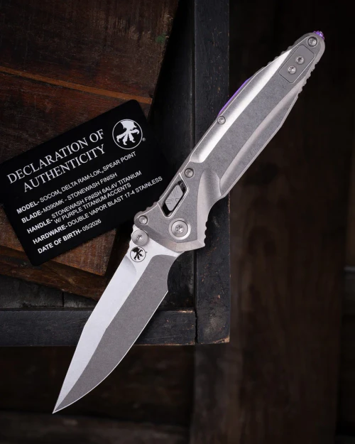 Microtech Socom Delta RAM-LOK Spear Point MS Folder STNWSH- STNWSH TI W/ Purple