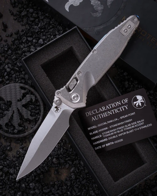 Microtech Socom RAM-LOK Spear Point MS Folder STNWSH- STNWSH TI W/Blue TI Accent AUMT160RLS10SMS3