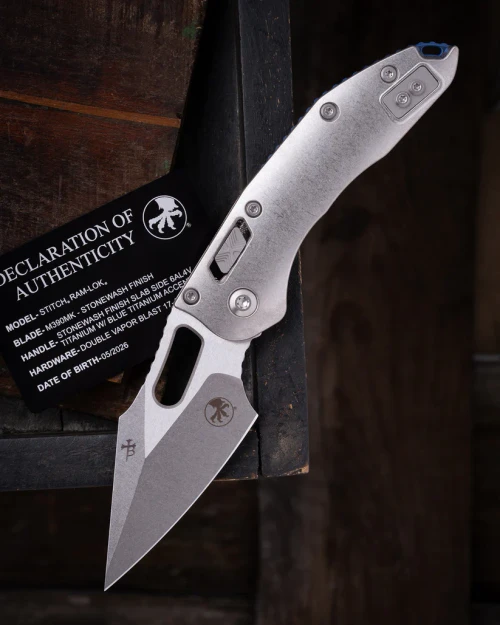 Microtech M-Stitch RAM-LOK MS Folder STNWSH-STNWSH Slab Side TI W/ Blue AUMT169MRL10MS2